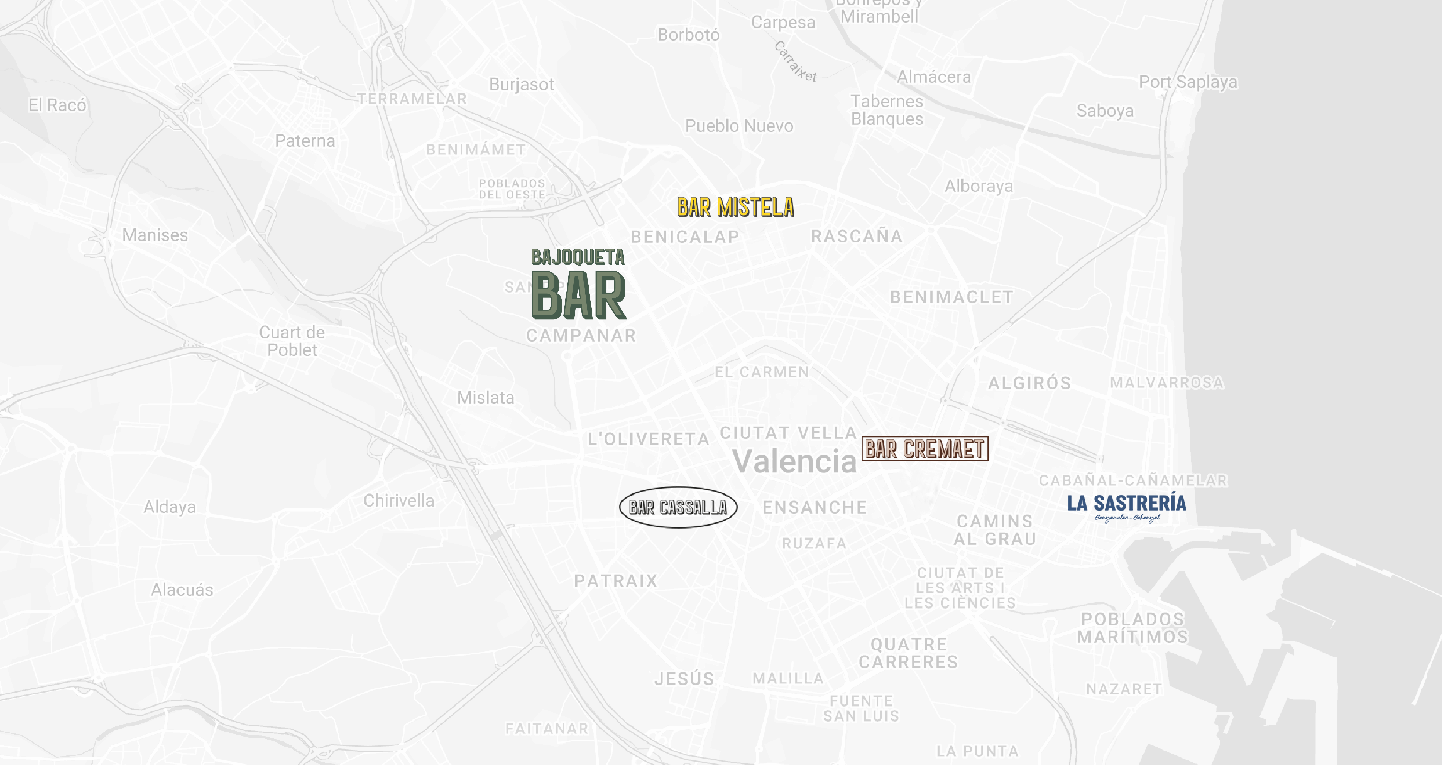 Mapa de los locales de grupo Gastroadictos en Valencia
